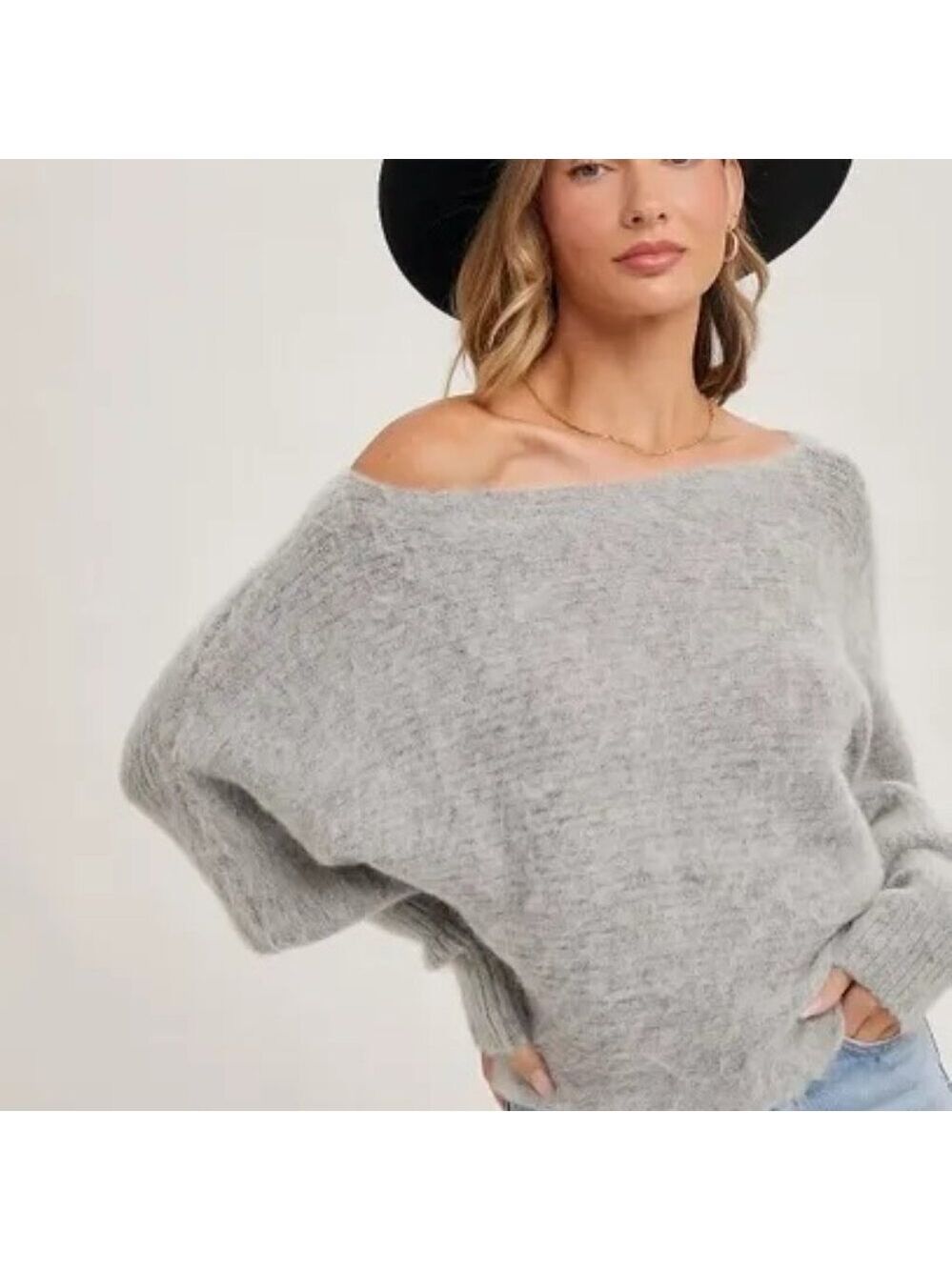 FINAL PIECES!!! CLEAR OUT!!! Boat Neck Dolman Sleeve Ribbed Fuzzy Knit Sweater - Picture 9 of 10